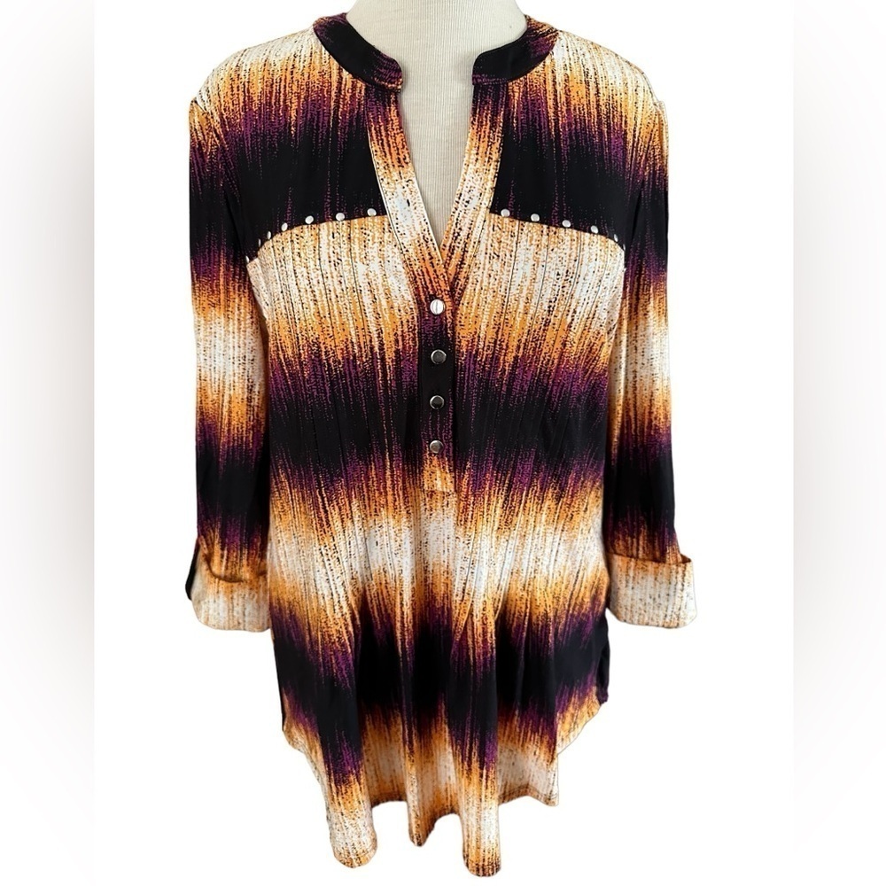 COCOMO XL Orange Purple Studded 3/4 sleeve abstract women’s Pintuck Blouse top